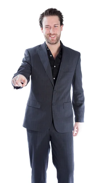 Empresário caucasiano atraente sorrindo e mostra o polegar para a frente — Fotografia de Stock