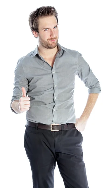 Attractive caucasian businessman showing thumbs up — Stock Photo, Image