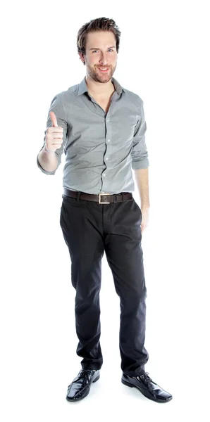 Attractive caucasian man shows thumb up — Stock Photo, Image