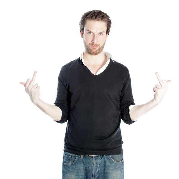 Attractive caucasian man shows the middle finger on both hands — Stock Photo, Image