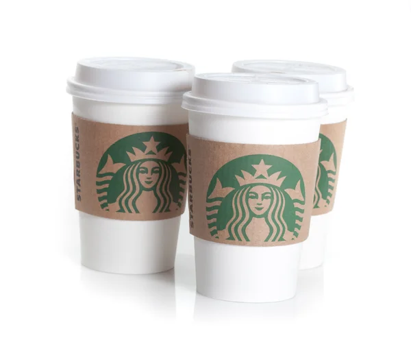 Drei Einweg-Starbuckbecher — Stockfoto