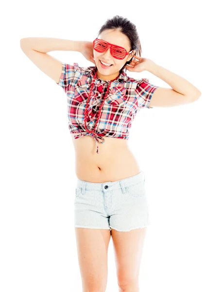 Isolated on white sexy asian cowgirl with red funky glasses — Stock Photo, Image