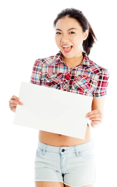 Isolated on white sexy asian cowgirl holding blank sign — Stock Photo, Image