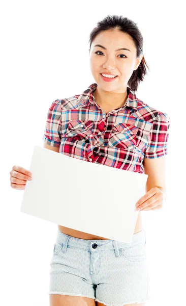 Isolated on white sexy asian cowgirl holding blank sign — Stock Photo, Image