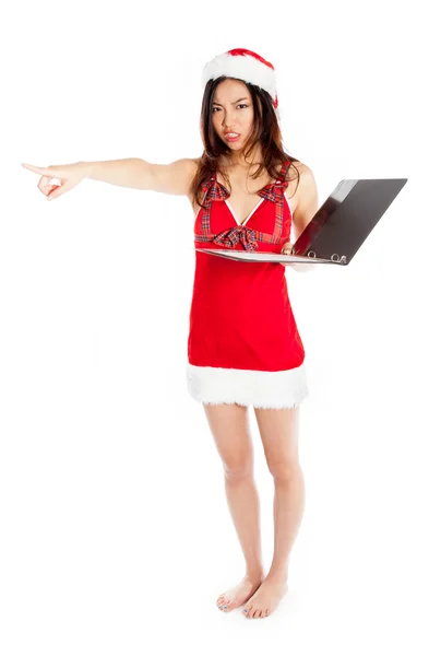 Sexy asian santa claus pointing with ring binder — Stock Photo, Image