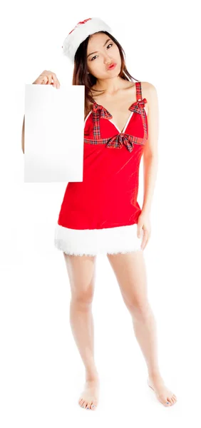 Sexig asiatisk jultomten upprörd med blankt papper — Stockfoto