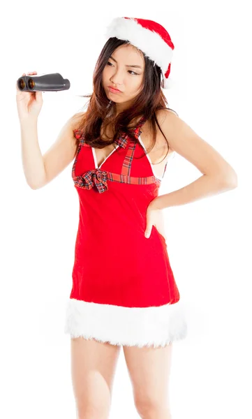 Sexy asian santa claus disapointed with binoculars — Stock Photo, Image