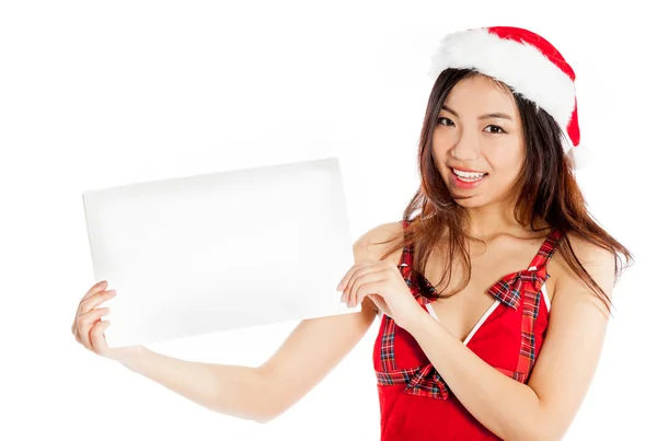 Seksi Asyalı Noel Baba ile boş bir kağıt gülümseyen — Stok fotoğraf