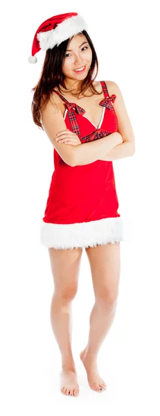 Tam uzunlukta gülümseyen duran kız seksi Noel Baba beyaz — Stok fotoğraf