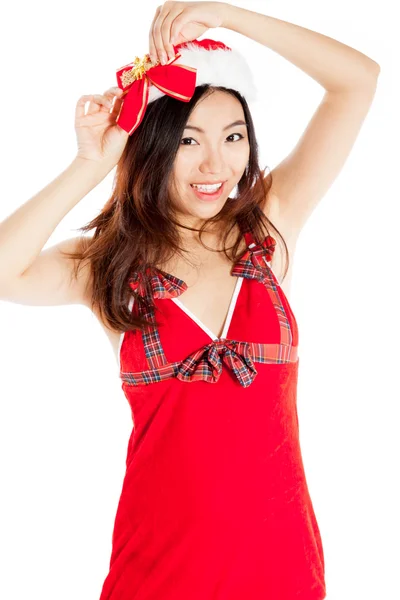 Sexig asiatiska santa claus leende med en röd rosett — Stockfoto