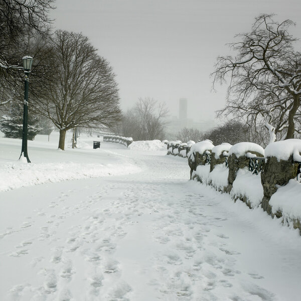 Winter view of snowy road with footsteps in the park