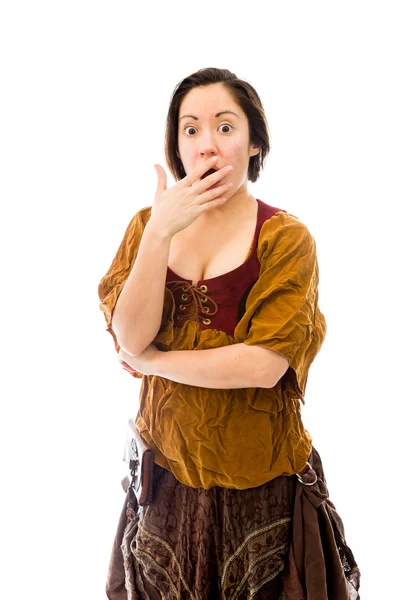 Woman with hand over mouth — Stock Photo, Image