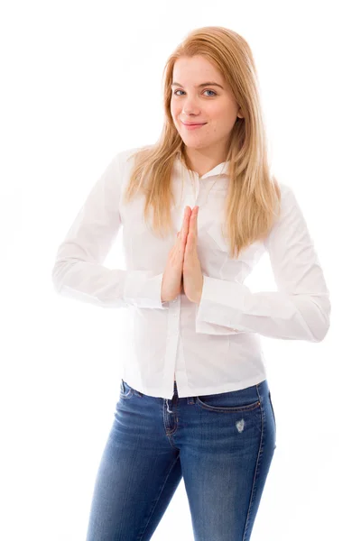 Mulher em posição de oração — Fotografia de Stock