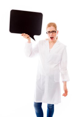 konuşma balonu tutan bilim adamı