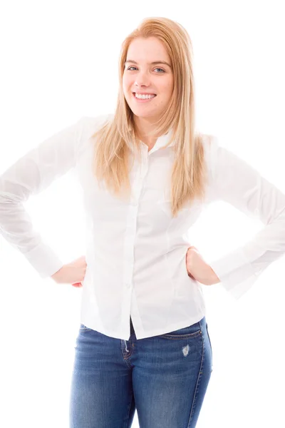 Vrouw met armen akimbo — Stockfoto