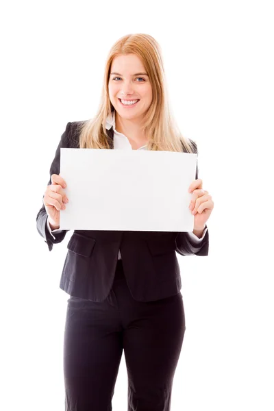 Businesswoman holding placard — Stock Photo, Image