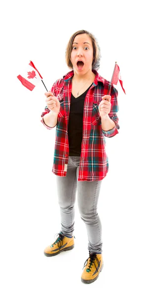 Shocked woman with Canadian flags — Stock Photo, Image
