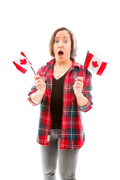 Donna scioccata con bandiere canadesi — Foto Stock