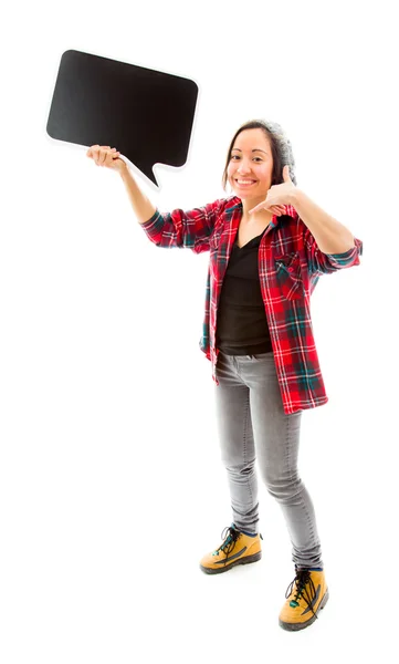 Woman holding speech bubble — Stock Photo, Image