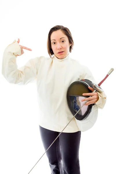 Fencer holding  mask and sword — Stock Photo, Image