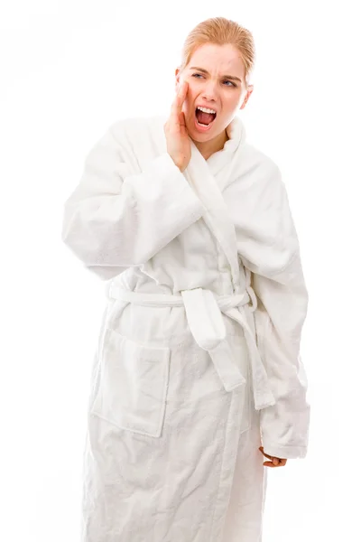 Woman with hands cupping mouth — Stock Photo, Image