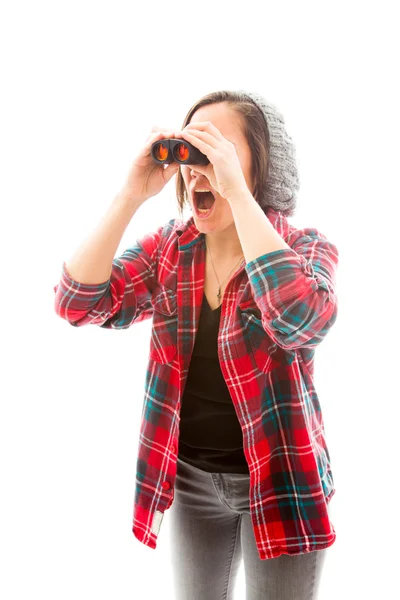 Mujer mirando a través de prismáticos —  Fotos de Stock