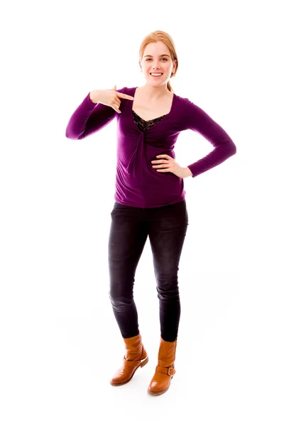 Woman pointing herself — Stock Photo, Image