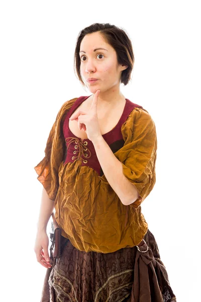 Woman with finger on chin — Stock Photo, Image