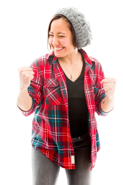 Frau schlägt in die Luft — Stockfoto