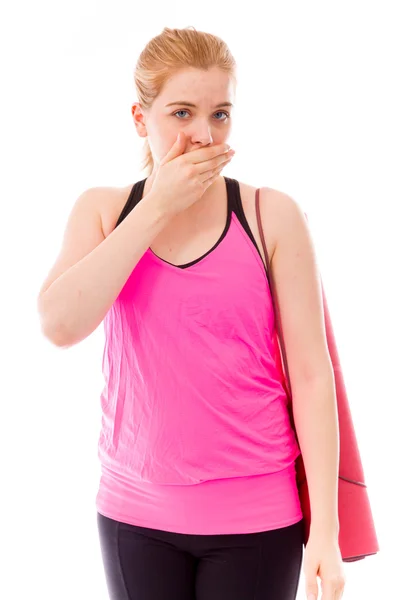 Woman with hand over mouth — Stok fotoğraf