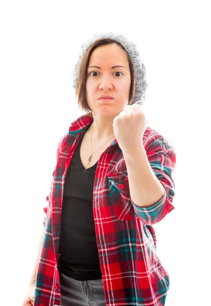 Mujer enojada con el puño en alto — Foto de Stock