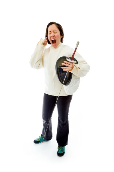 Fencer with fingers in ear — Stock Photo, Image