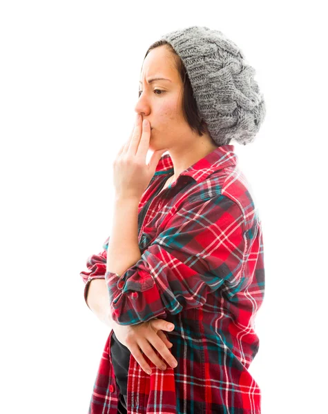 Woman with hand on chin — Stock Photo, Image