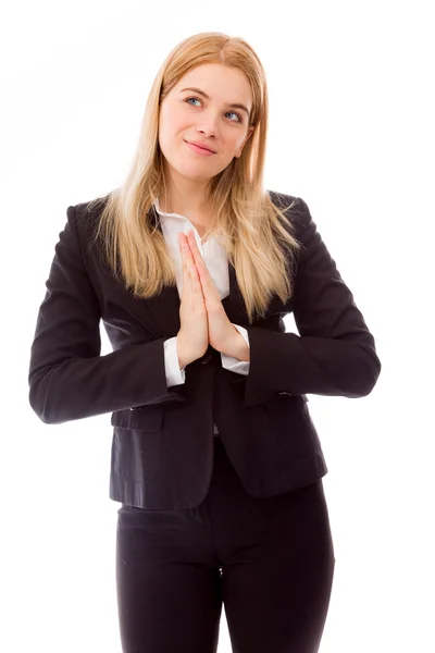 Zakenvrouw permanent met handen sloot zich aan bij — Stockfoto