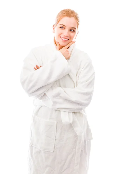 Woman in bathrobe and smiling — Stock Photo, Image