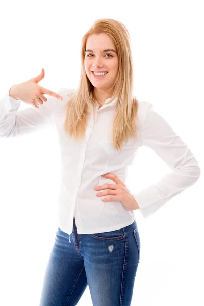 Woman pointing herself — Stock Photo, Image