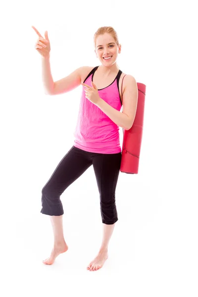 Vrouw aan te wijzen en glimlachen — Stockfoto