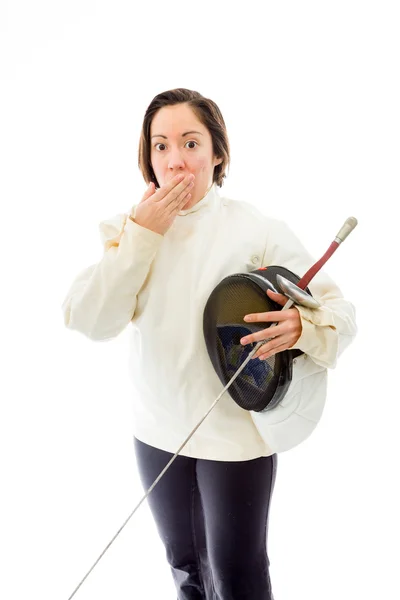 Fencer with  hand over mouth — Stock Photo, Image