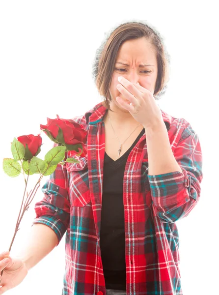 Woman pinches nose — Stock Photo, Image