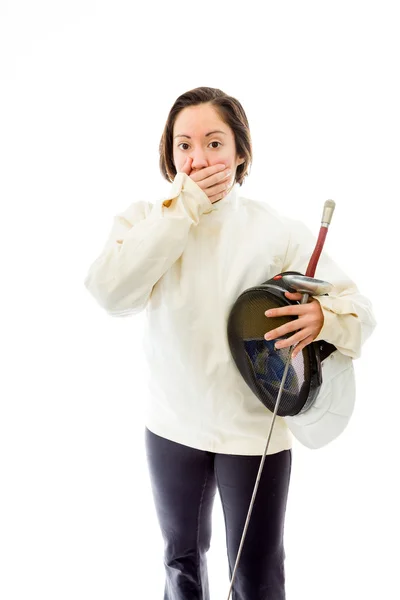 Fencer with hand over mouth — Stock Photo, Image