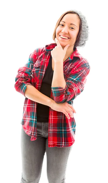 Woman with hand on chin — Stock Photo, Image