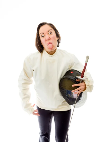 Fencer sticking tongue out — Stock Photo, Image