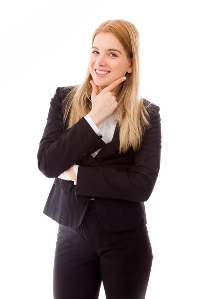 Geschäftsfrau mit der Hand am Kinn — Stockfoto