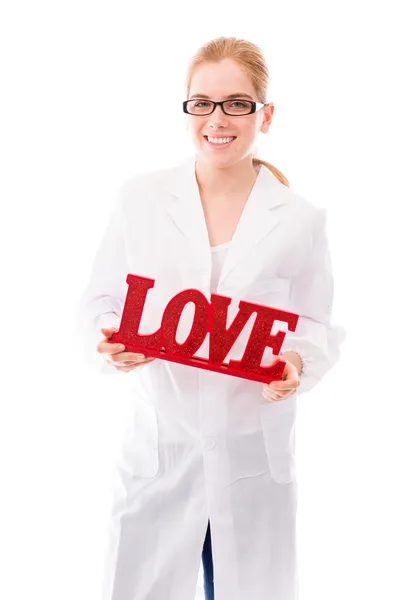 Scientist holding "Love" text — Stock Photo, Image
