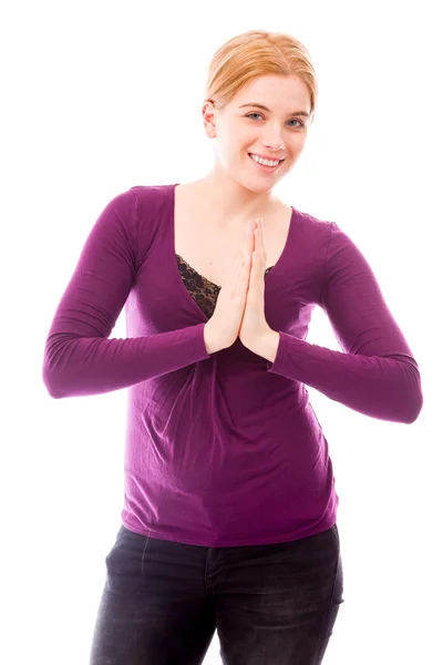 Woman with hands clasped — Stock Photo, Image