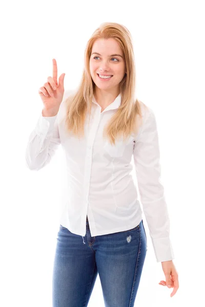 Mujer apuntando hacia arriba — Foto de Stock