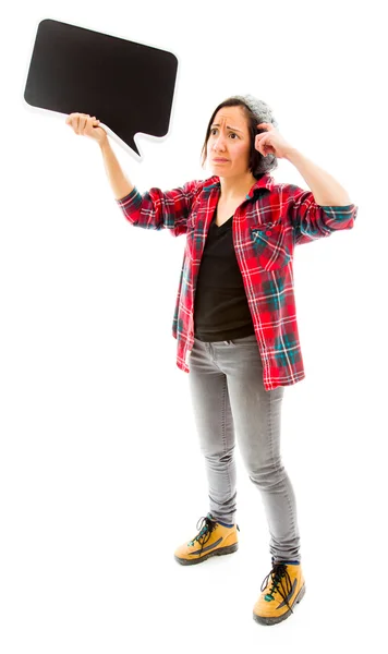 Confused woman with speech bubble — Stock Photo, Image