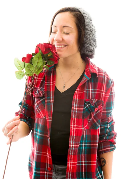 Žena voní růže — Stock fotografie