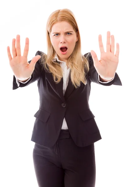 Businesswoman stopping with hand gesture — Stock Photo, Image