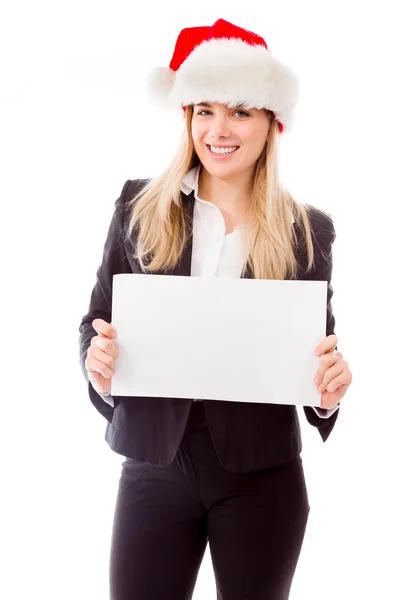 Businesswoman holding a blank placard — Stock Photo, Image